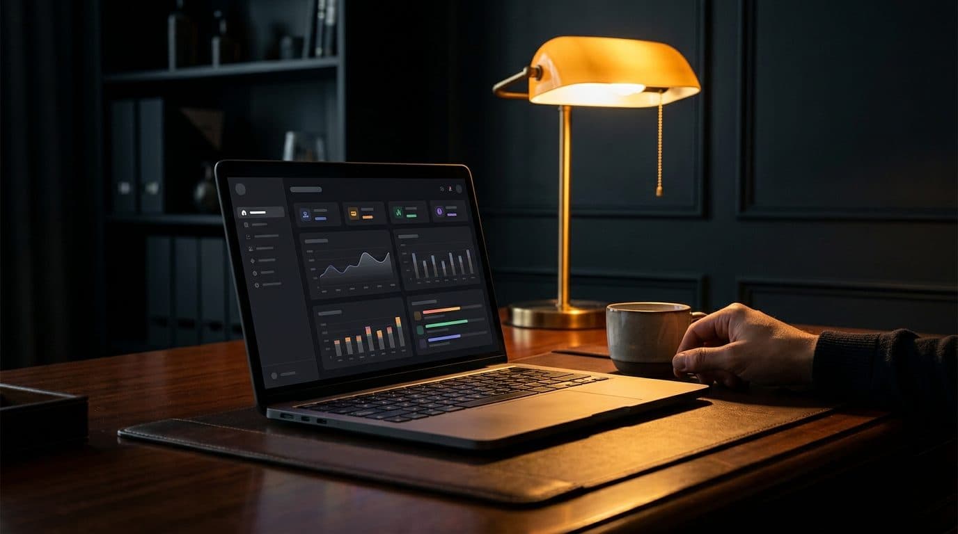 A single dashboard on a laptop screen showing jobs, quotes and subcontractors in a dark room lit with warm amber light.