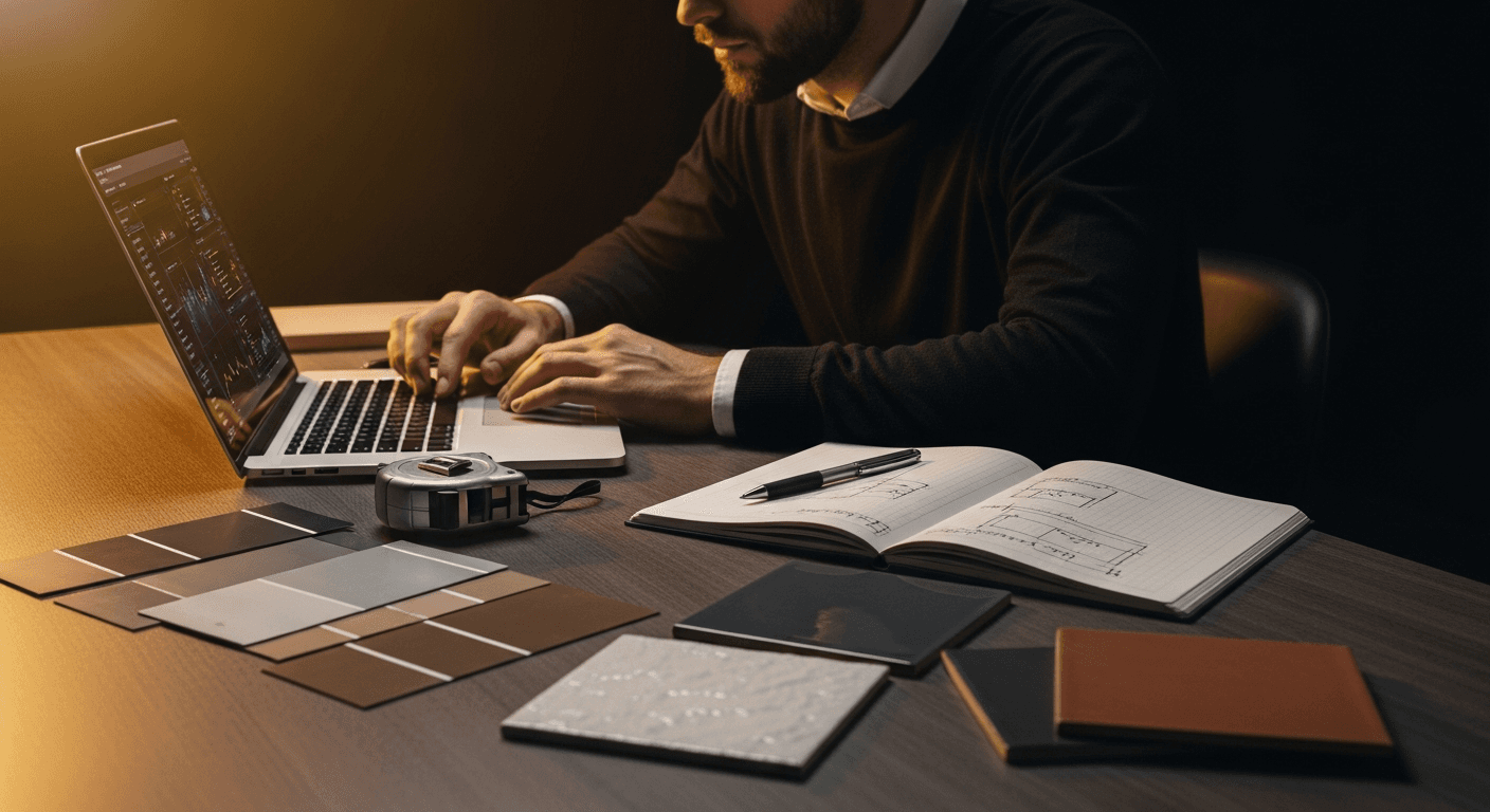 A construction arbitrage operator comparing trade quotes on a laptop at a clean desk, with a tape measure, paint swatches, tile samples and a notebook spread out beside it.