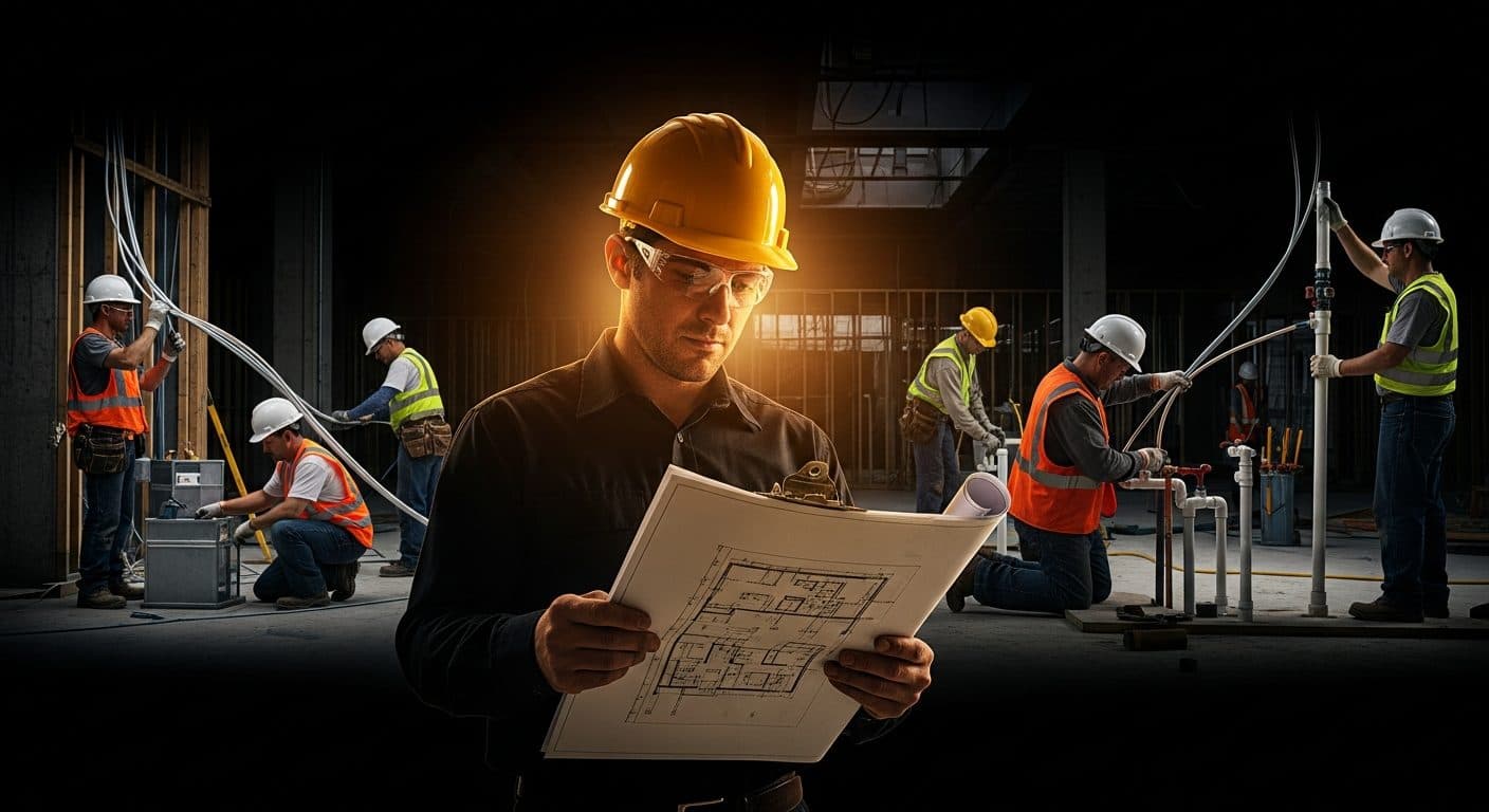 A site manager in a hard hat reviewing a clipboard with blueprints while multiple trade crews work in the background of a commercial construction build.