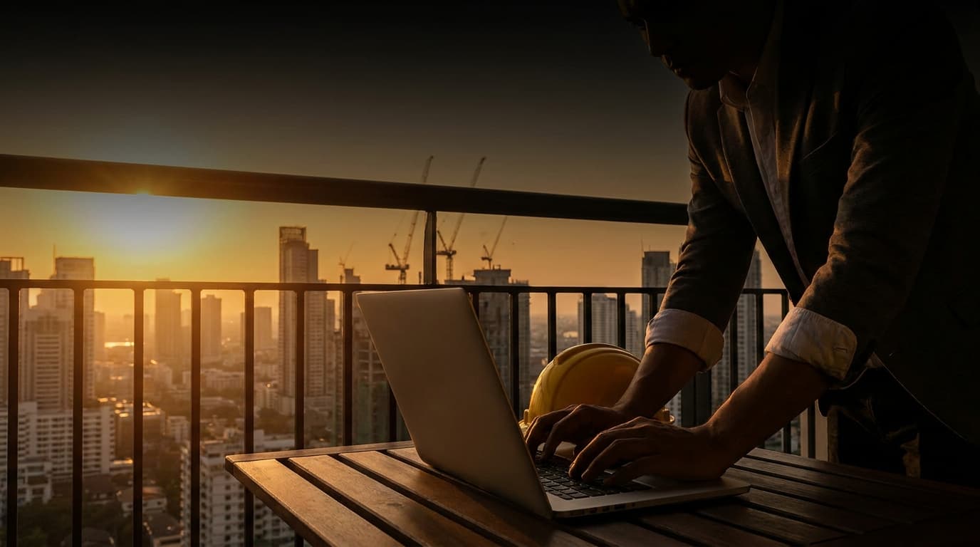 A person working at a laptop on a balcony overlooking a city skyline at golden hour, a yellow hard hat resting on the railing beside them, construction cranes visible in the city below.