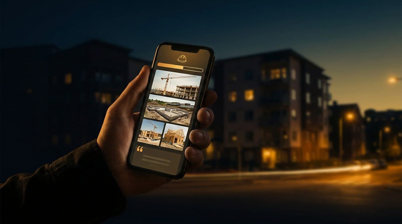 A hand holding a phone showing a job dashboard, a residential building site softly blurred behind in warm amber evening light.