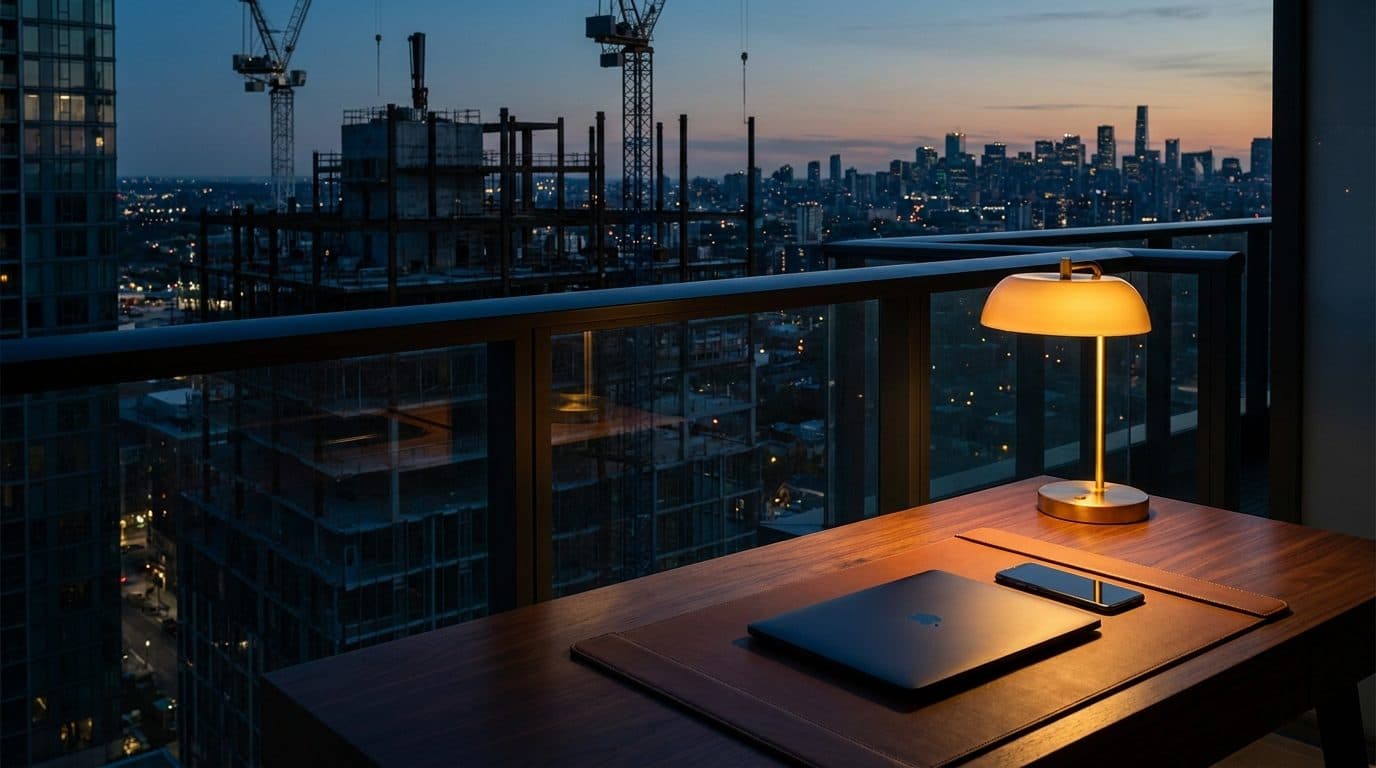 A laptop and phone on a desk overlooking a construction site at dusk