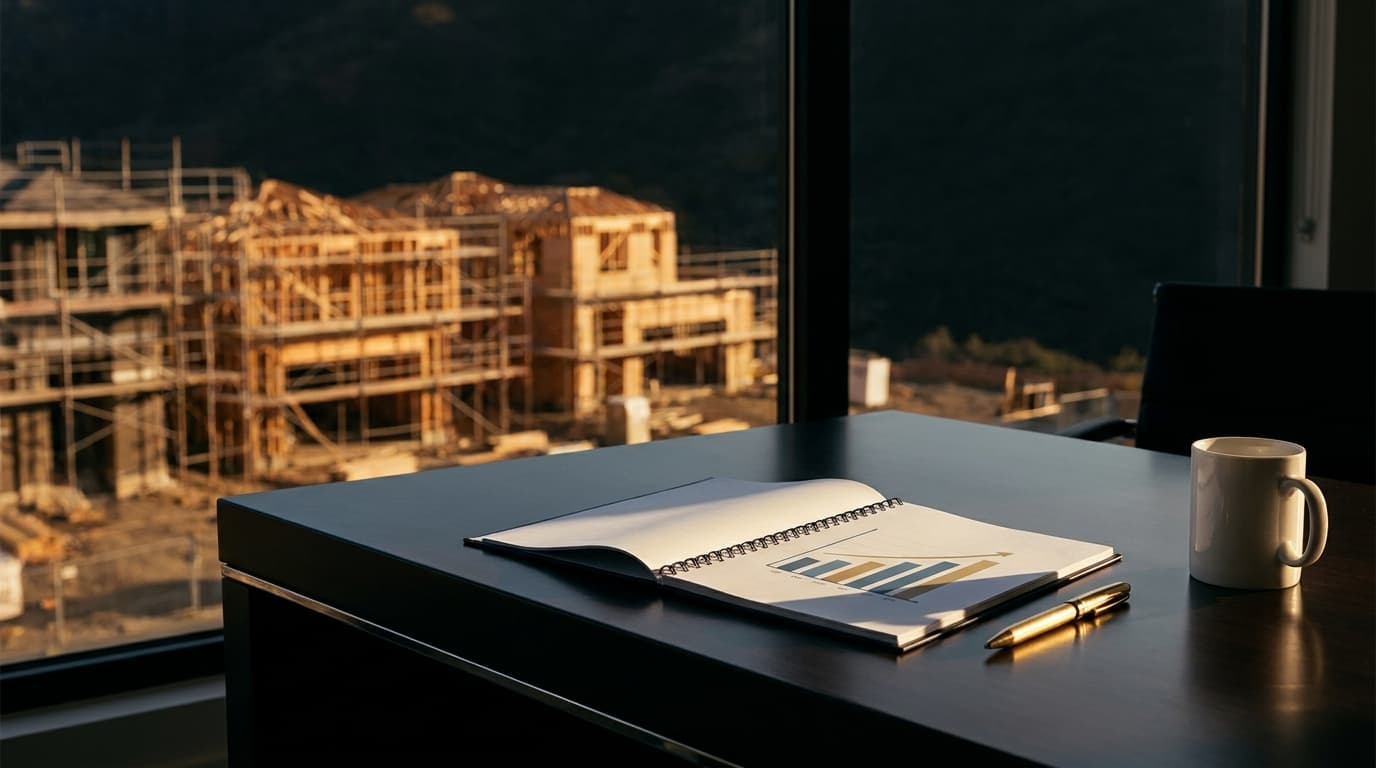 A clean desk with a printed profit margin report, a pen, and a coffee mug beside a window showing a construction site in the background.