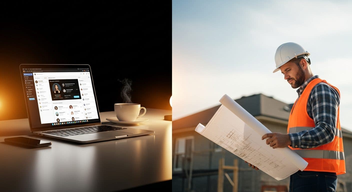 Split scene with a laptop showing a freelancer marketplace on the left and a contractor reviewing plans outside a residential renovation on the right, contrasting digital service arbitrage with physical construction arbitrage.