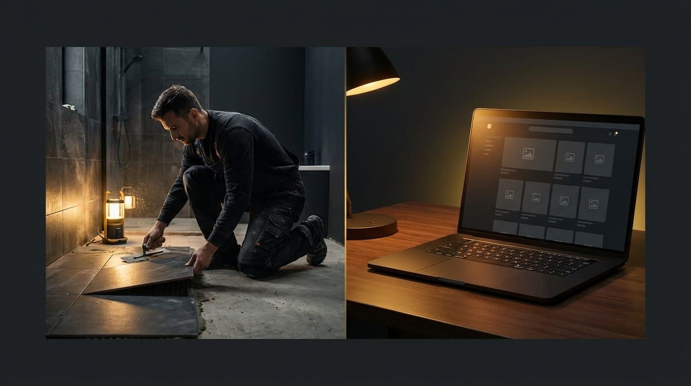 Split scene showing a subcontractor fitting tiles on a bathroom renovation on the left and a laptop displaying an ecommerce product storefront on the right, contrasting local construction service with online product selling.