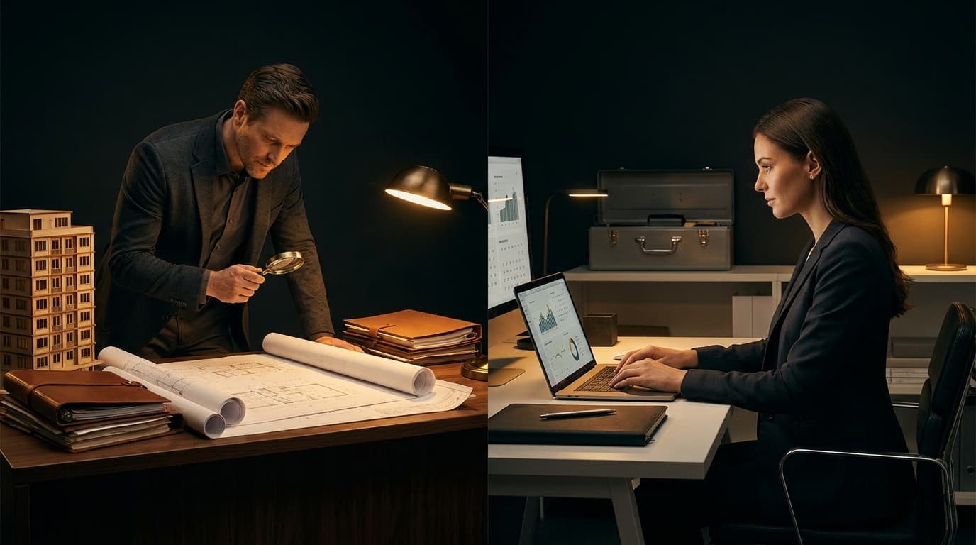 Split scene showing a property developer studying architectural blueprints and a site model on one desk, beside a contractor reviewing subcontractor quotes and job schedules on a laptop at another desk