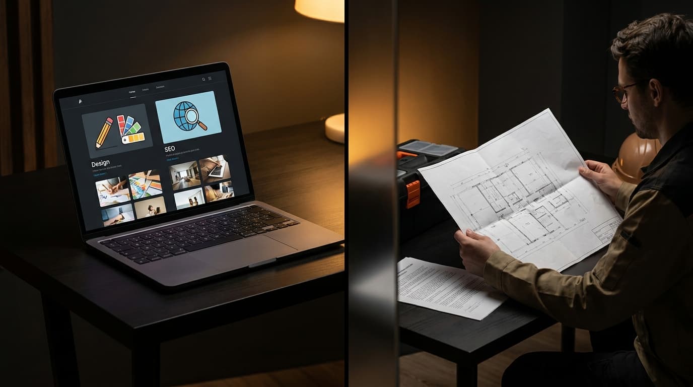 Split scene: left side shows a laptop with a Fiverr-style freelance marketplace for digital design services; right side shows a contractor reviewing a printed renovation quote at a desk beside a toolbox.