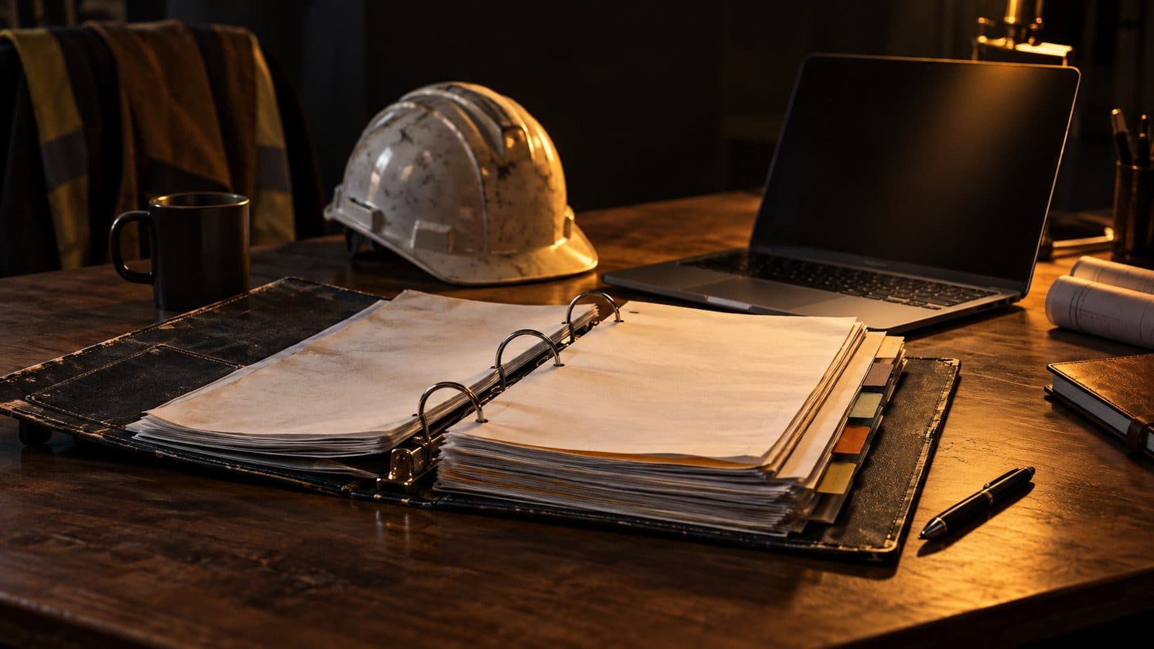 An open ring binder of tender paperwork with tabbed dividers on a wooden site-office desk beside a hard hat and a laptop, lit by warm amber side light