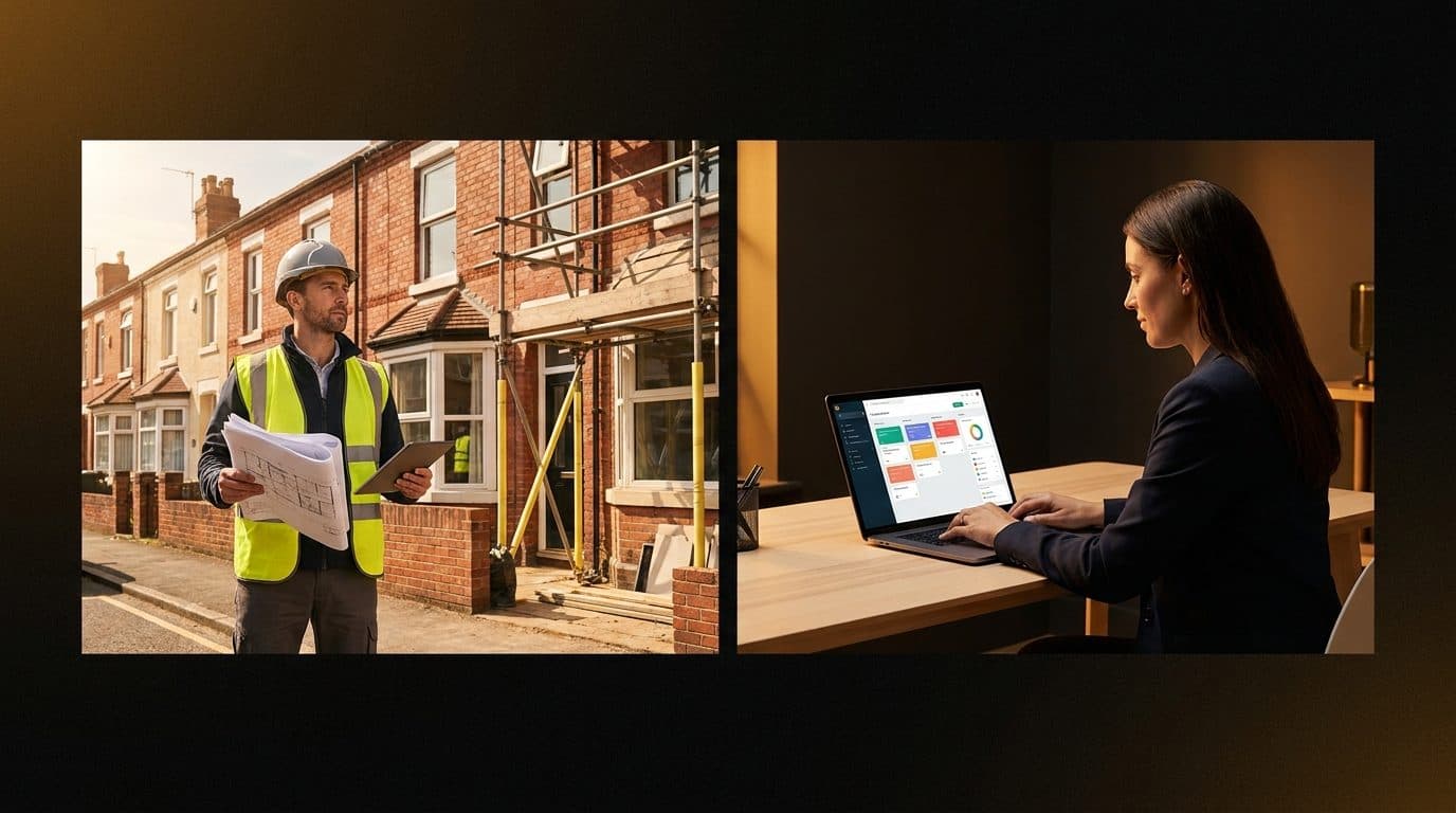 Split scene showing a contractor reviewing job plans outside a renovation on one side and a freelancer managing digital service delivery on a laptop on the other