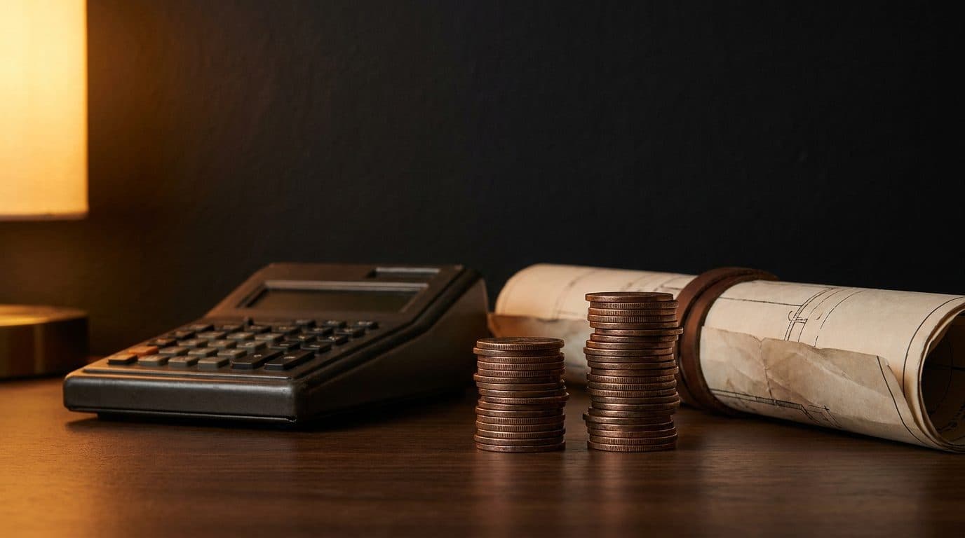 Two stacks of coins of different heights beside a calculator and a folded blueprint on a dark desk in warm amber light.