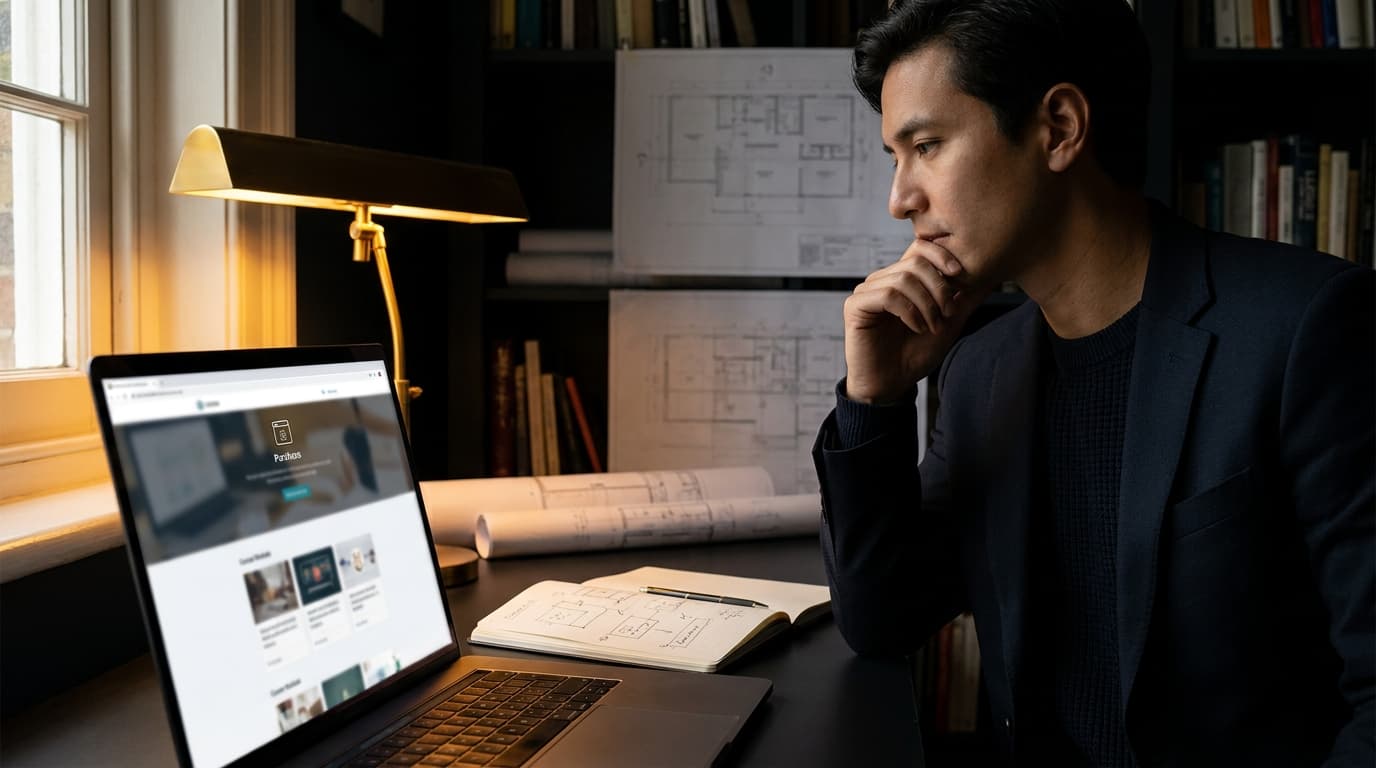 A person sitting at a kitchen table with a laptop open and a notebook, deciding whether to buy an online course