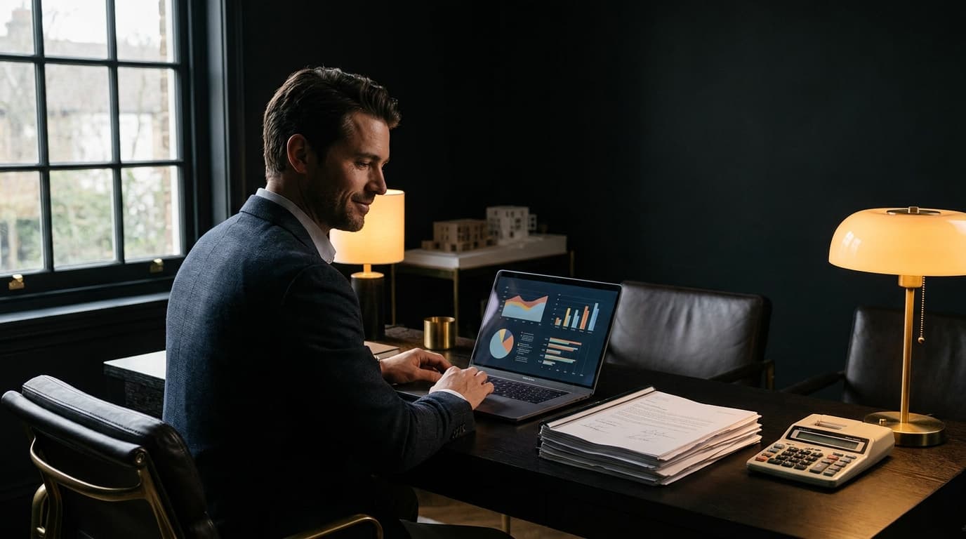 A construction business owner at a clean home office desk reviewing job cost invoices on a laptop beside a stack of signed subcontractor agreements and a calculator