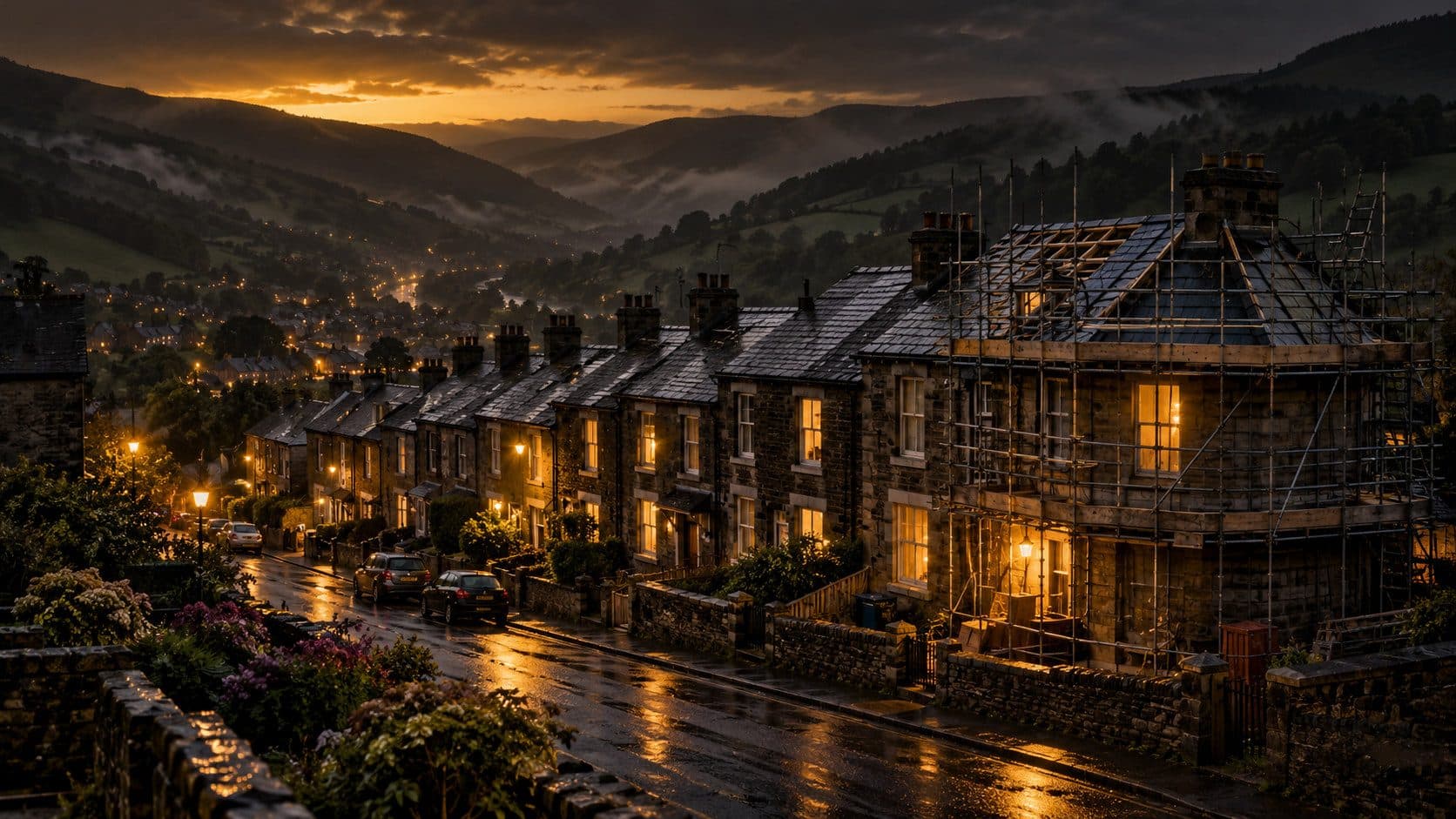 A terrace of stone houses climbing a Welsh valley at dusk, the end house wrapped in scaffolding for roof renewal, wet road lit by amber streetlights