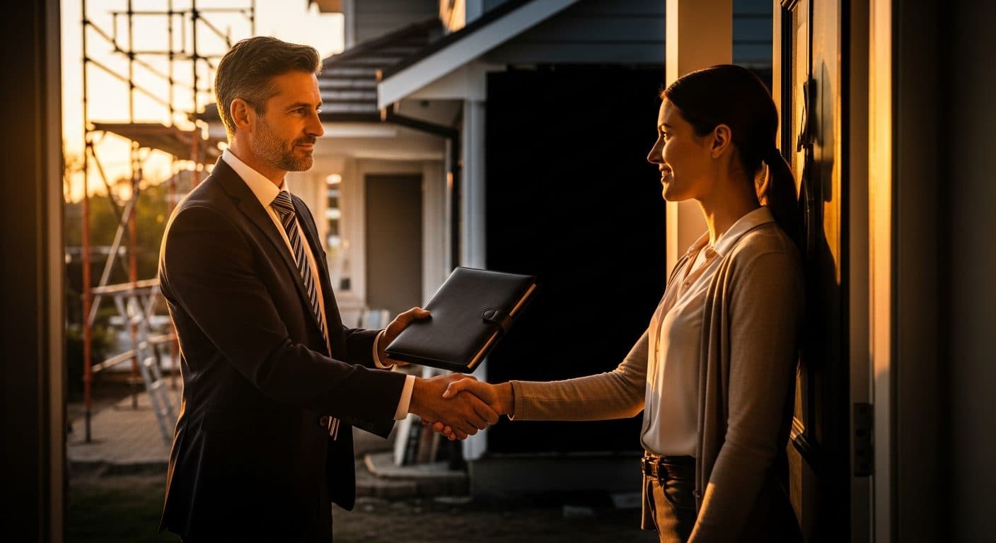 A smartly dressed person presenting a quote folder to a homeowner at their front door, with a renovation project underway in the background.
