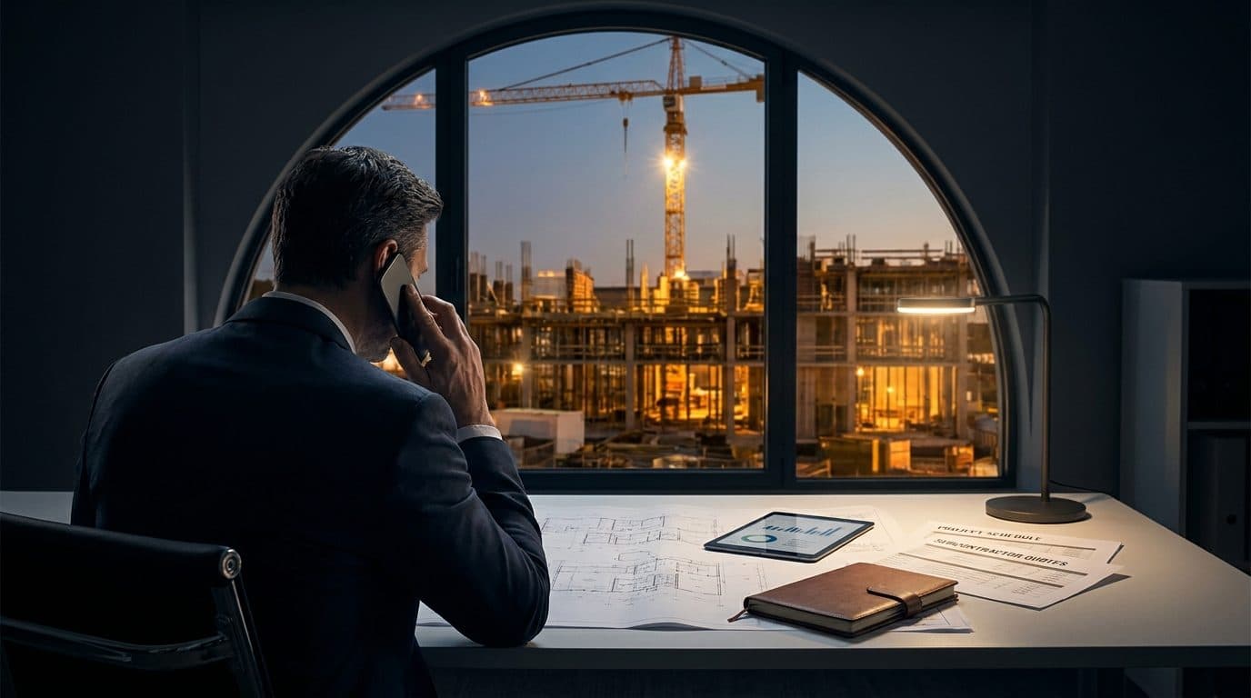 A business owner reviewing a project schedule at a desk while a construction site glows through the window behind him at dusk.