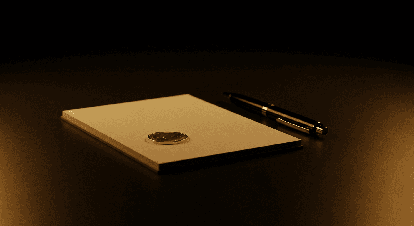 Empty desk with a notepad, pen and a single coin - symbolising starting a business with minimal capital