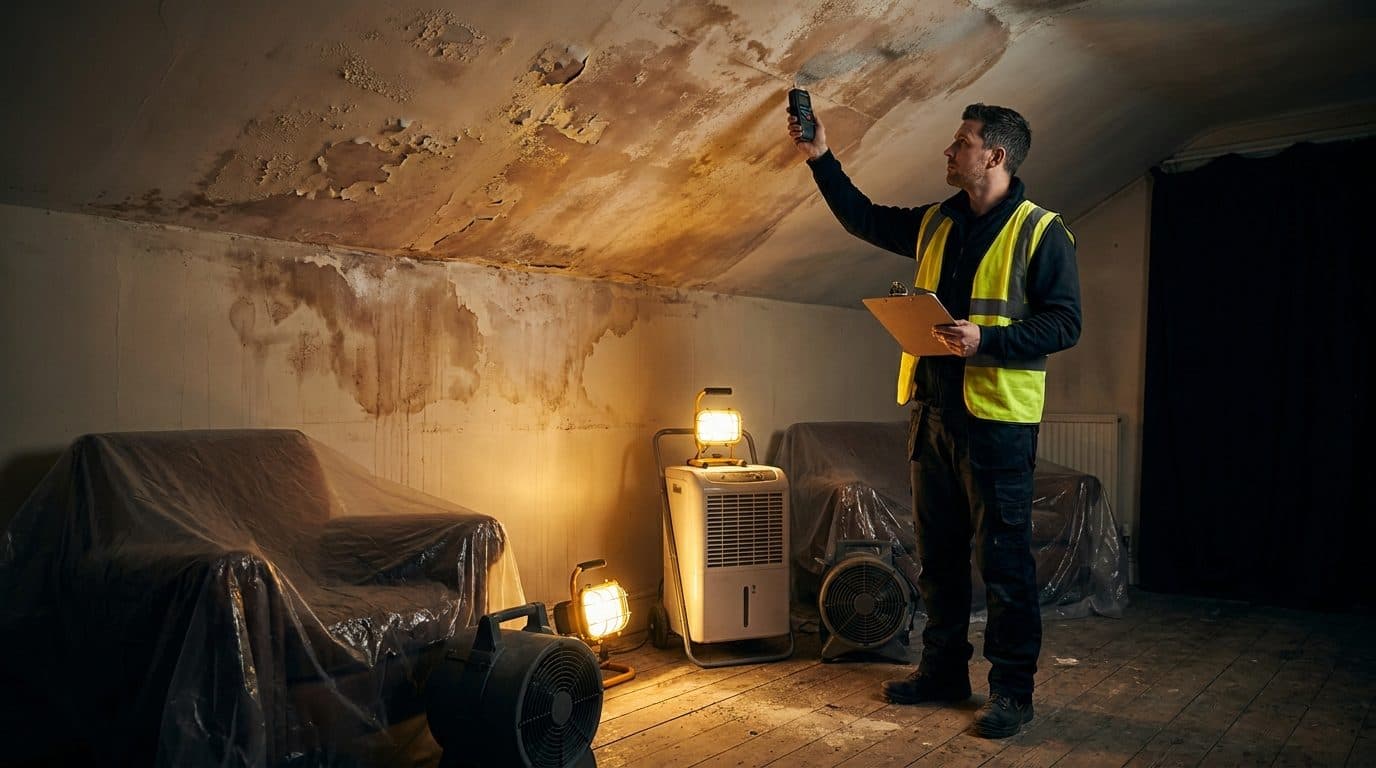 A water-damaged domestic ceiling and wall being assessed by a surveyor with a clipboard and moisture meter, drying equipment on the floor