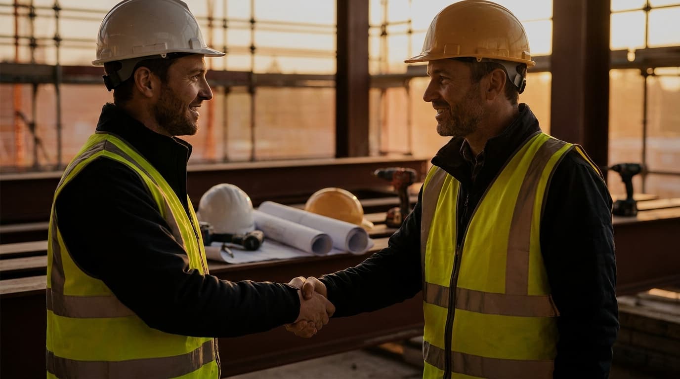 A main contractor and a subcontractor shaking hands on a construction site after agreeing terms, tools and materials visible in the background, both looking confident