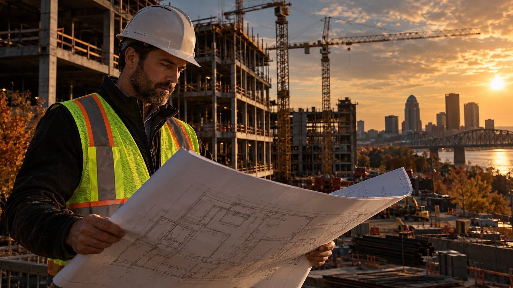 A construction project manager in a hard hat reviewing blueprints outside a mid-rise commercial building site in Louisville, Kentucky, with a clear autumn sky above the site.