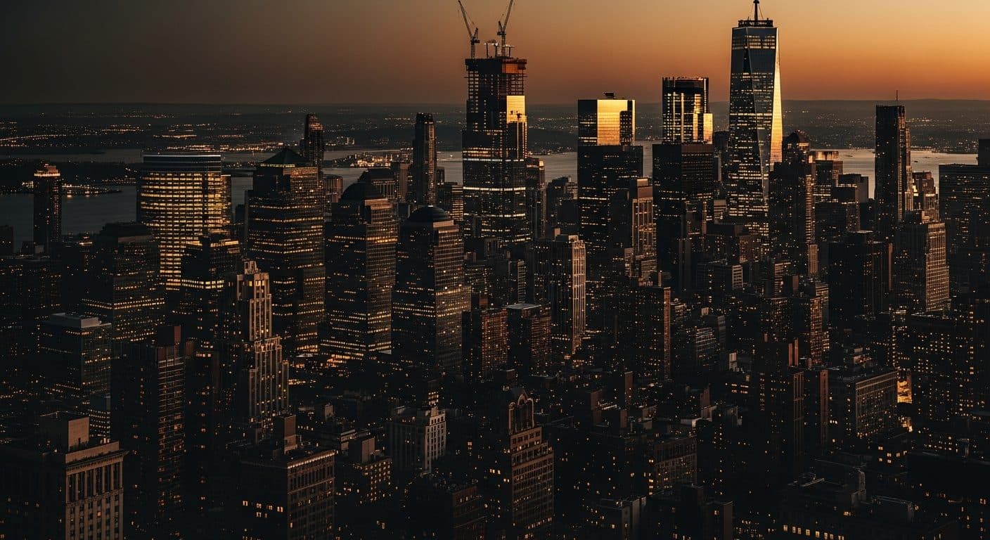 The New York City skyline at dusk with construction cranes visible above midtown skyscrapers and the Hudson River in the background.