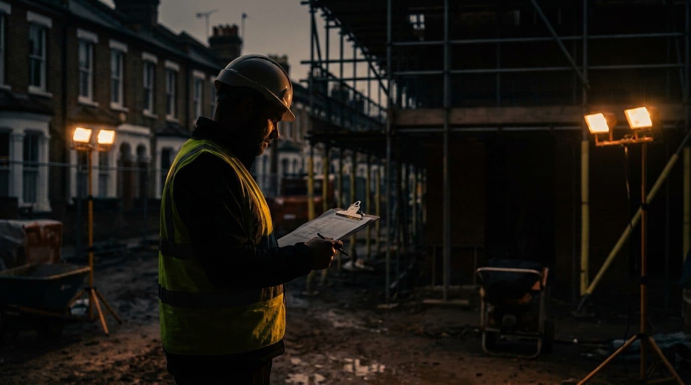 A contractor in a high-vis vest and hard hat reviewing documents on a clipboard at a London construction site, Victorian brick terraces with scaffolding in the background, early morning light.