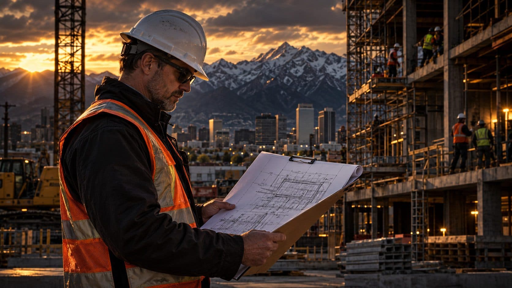 A construction project manager standing outside a commercial building site in Salt Lake City, Utah, reviewing blueprints on a clipboard, with the Wasatch Mountains visible in the background.