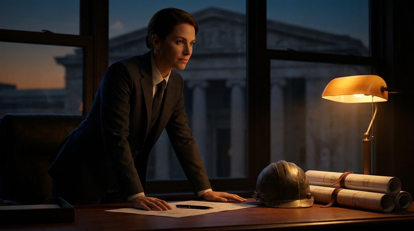 A contractor reviewing a signed building permit and contractor license documents at a desk, with a hardhat and architectural drawings beside them.