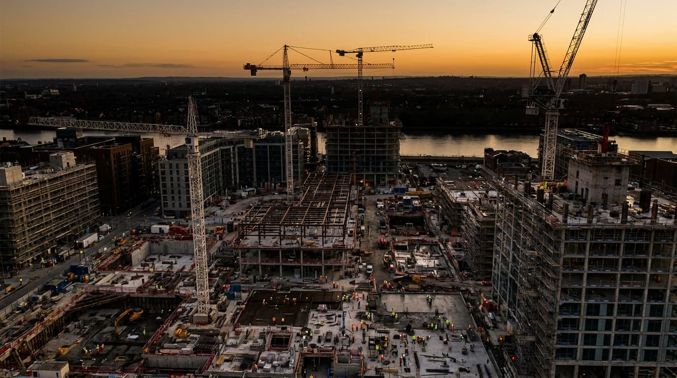A wide aerial view of a busy city construction site with multiple trades working across different zones, cranes in the background, showing the scale and fragmented nature of the construction industry
