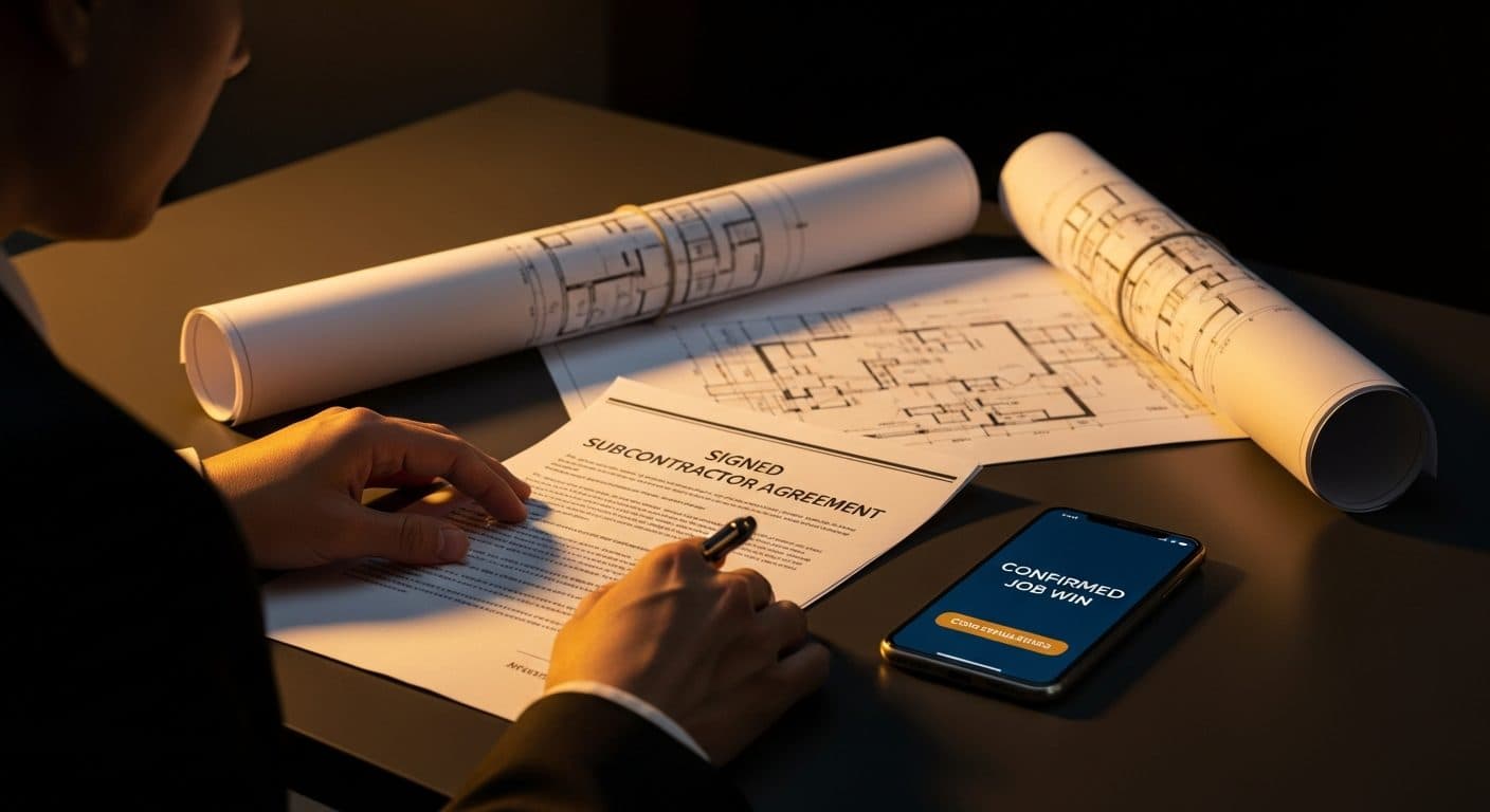 A construction entrepreneur at a desk reviewing a signed subcontractor agreement beside a set of building plans, with a phone showing a client message confirming a job win.