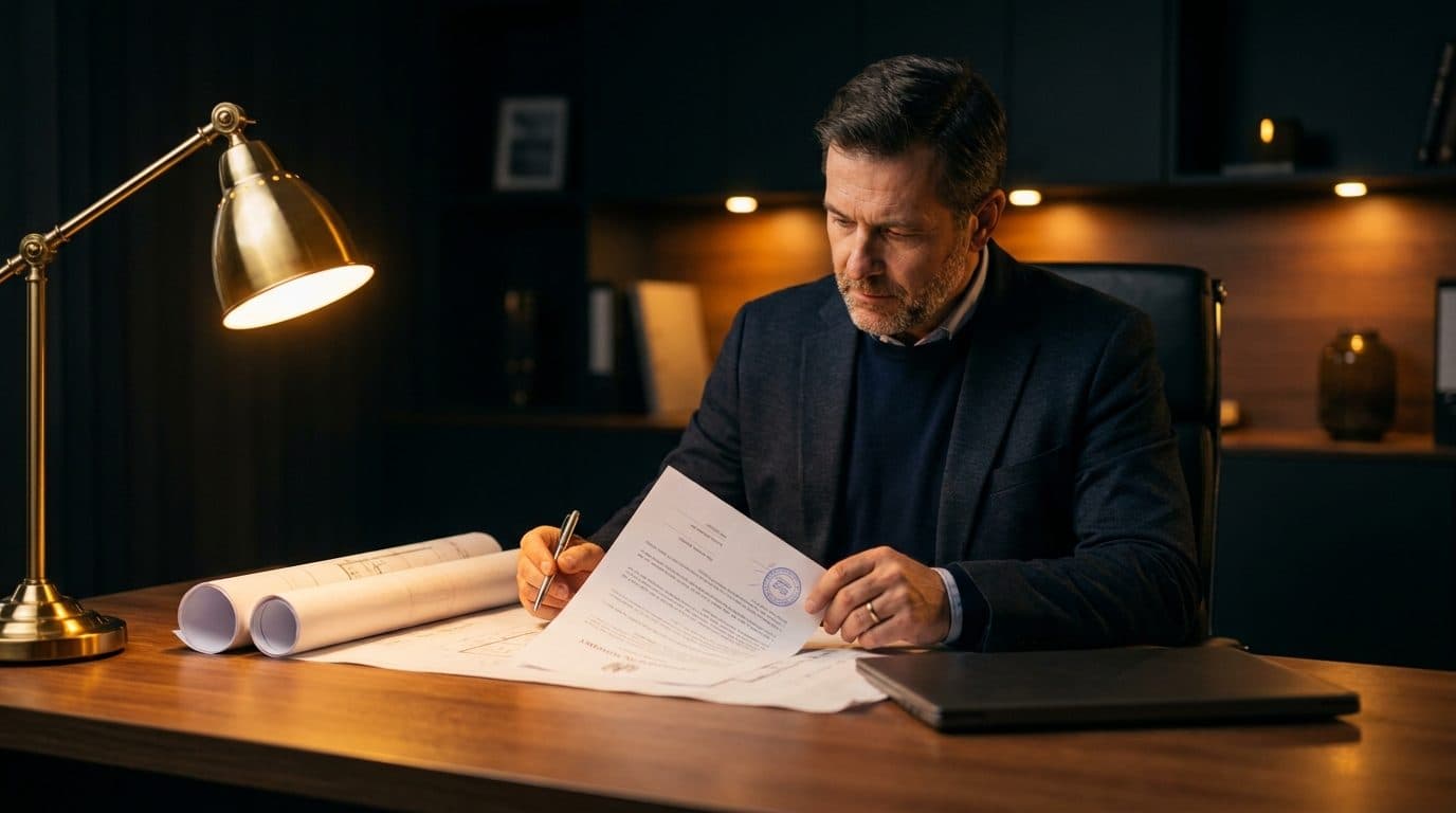 A construction business owner reviewing a state contractor licensing board document at a desk covered in compliance paperwork and blueprints