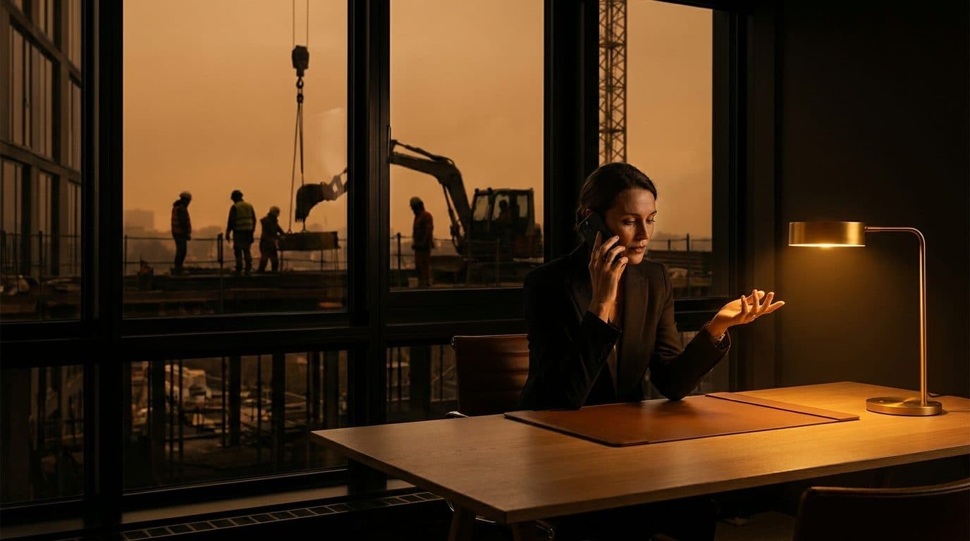 A business operator on the phone at a clean desk while a construction crew works outside the window below, in dark amber editorial tones.