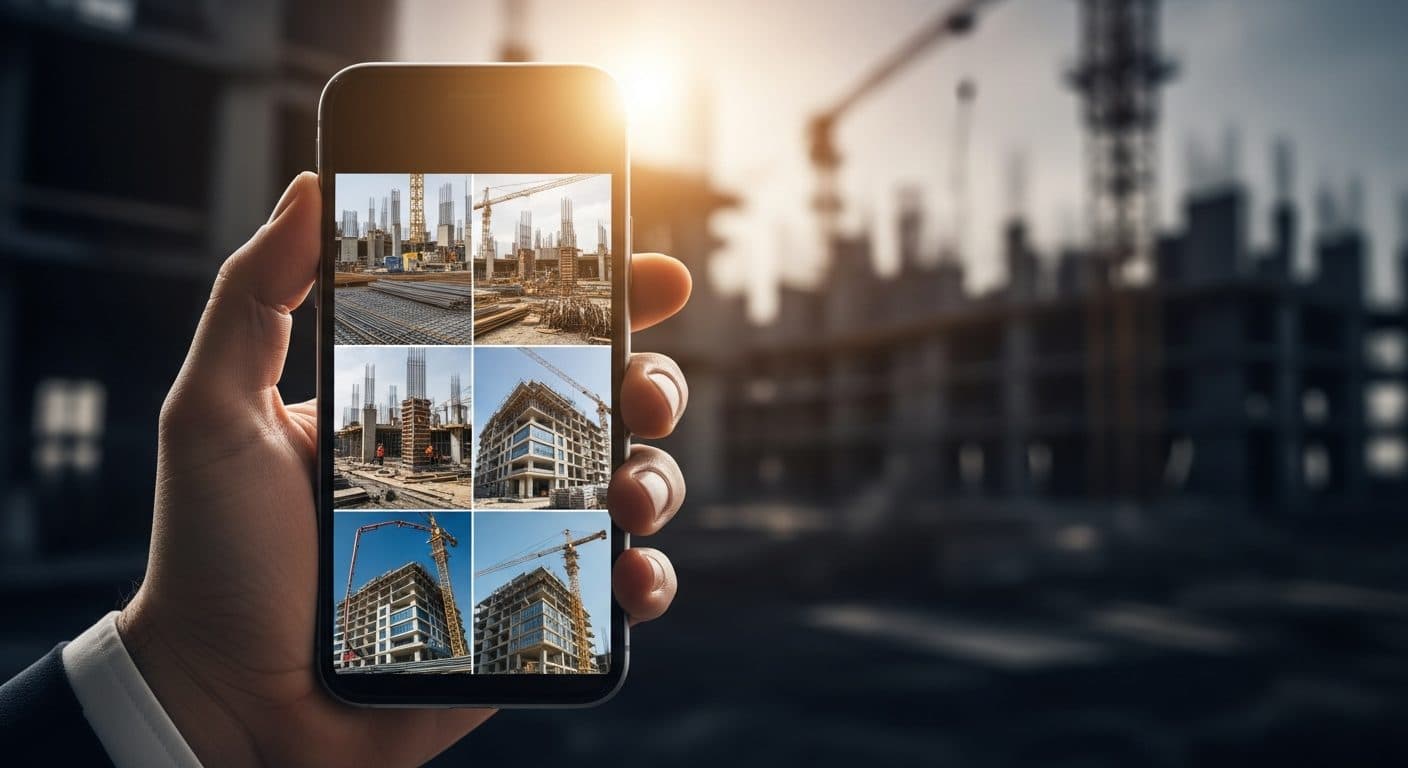 A hand holding a smartphone showing construction progress photos with a building site blurred behind.