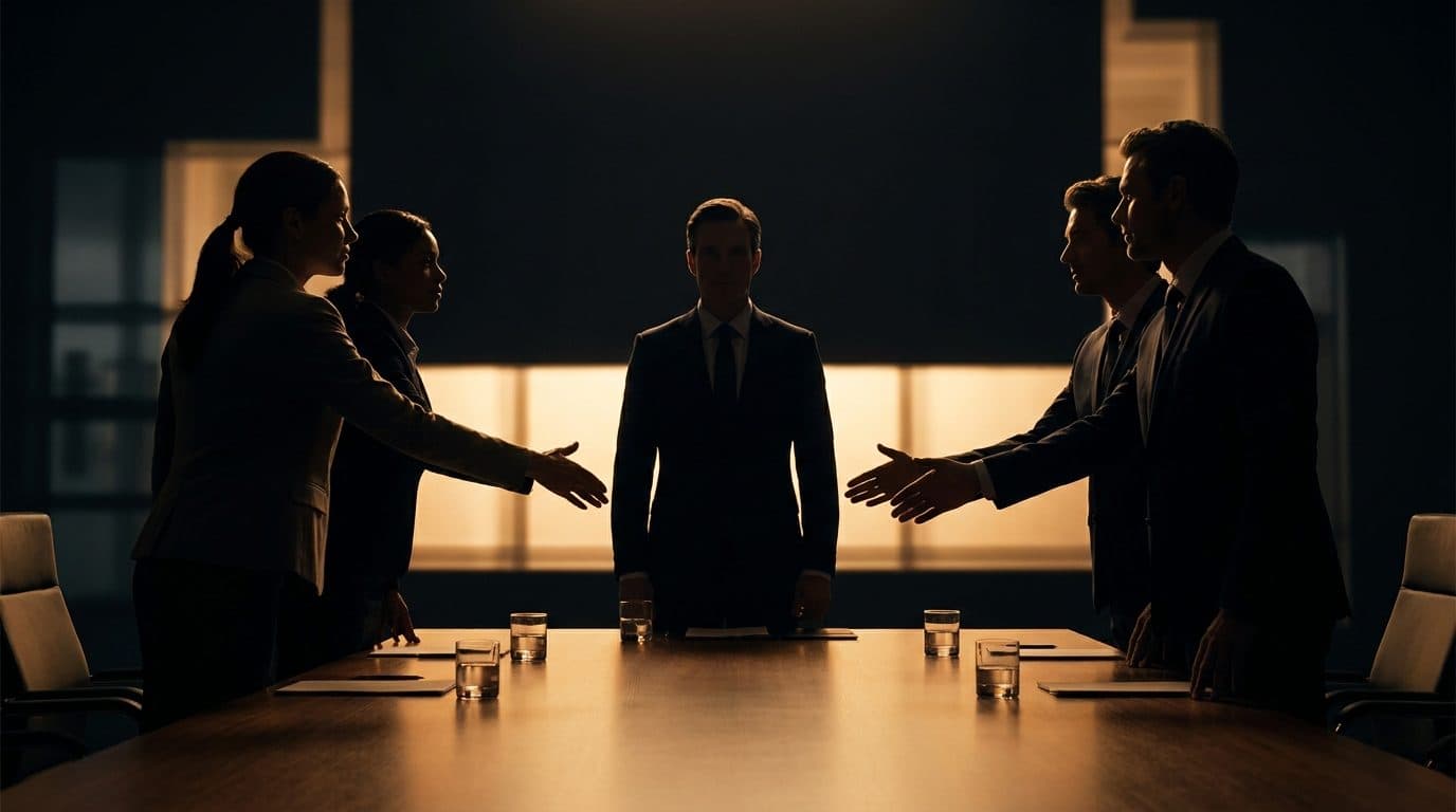A silhouetted figure standing between two groups shaking hands across a table in a dark room with warm amber light.