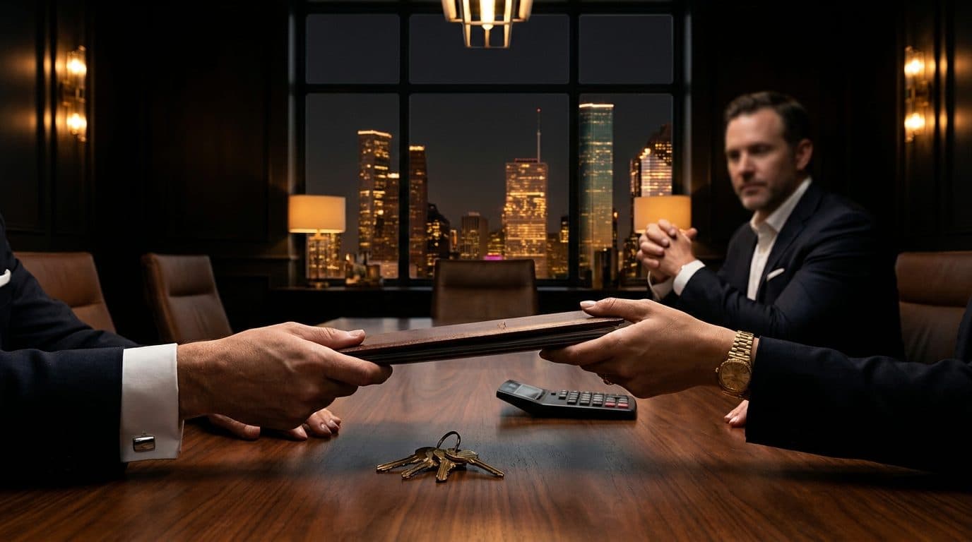 Hands moving contract documents between two sides of a large desk, with a city skyline glowing in the window behind.