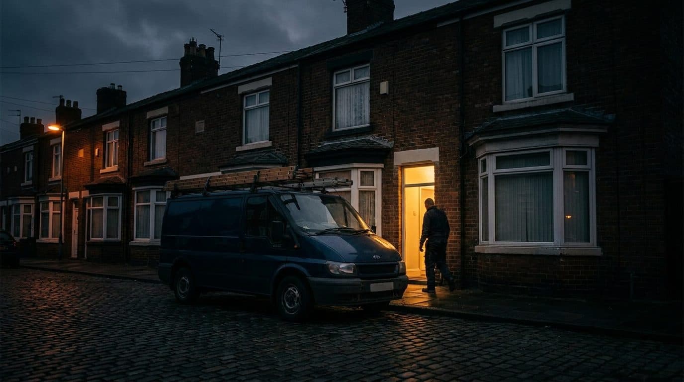 A van with ladders parked outside a British terraced house at dusk, warm amber light spilling from the doorway.