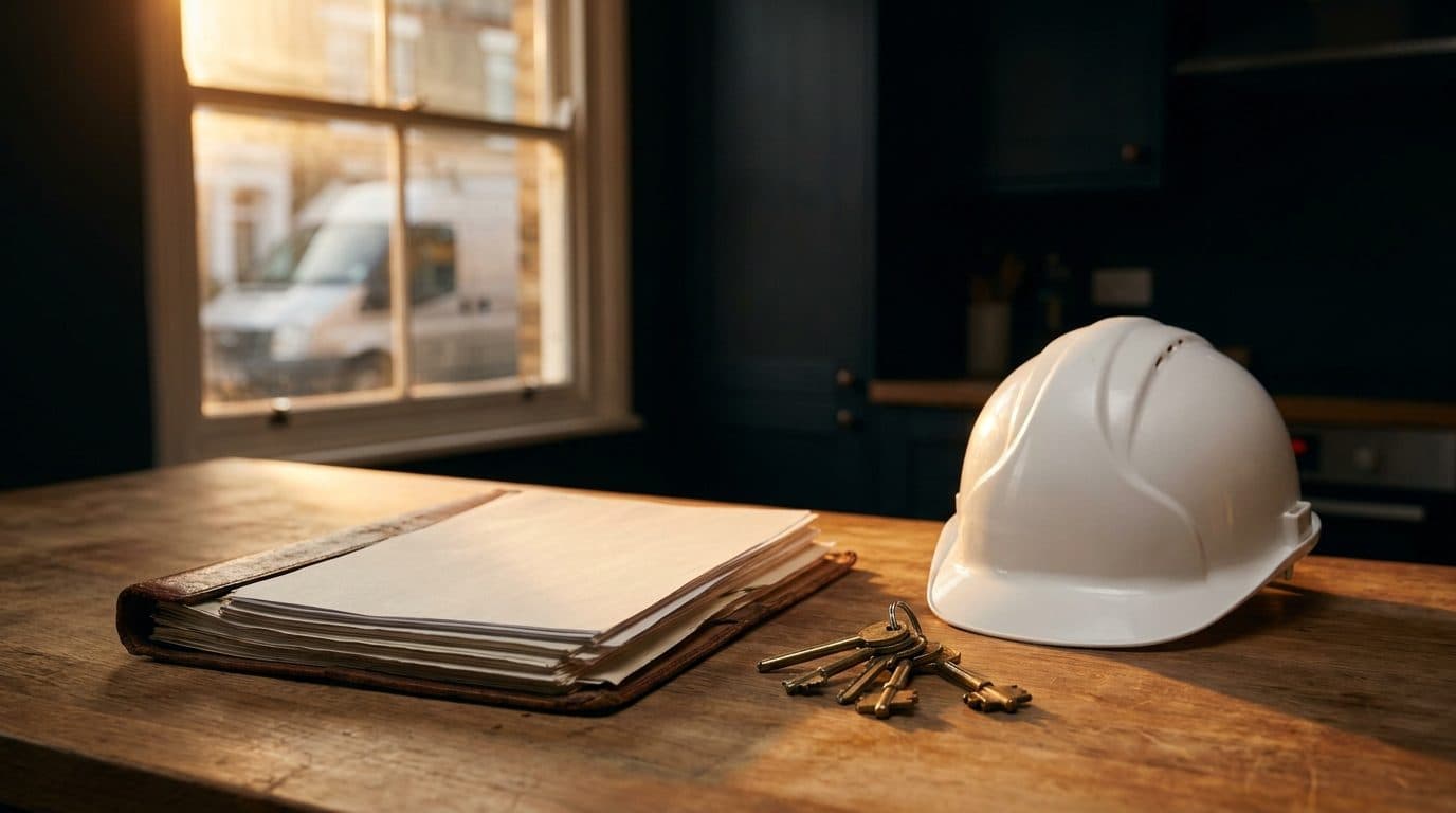 A folder of job sheets, keys and a hard hat on a kitchen worktop inside a British terraced house under warm evening light.