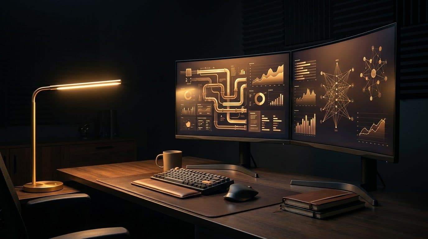 A tidy desk with two monitors showing abstract dashboards in a dark room lit with warm amber light.