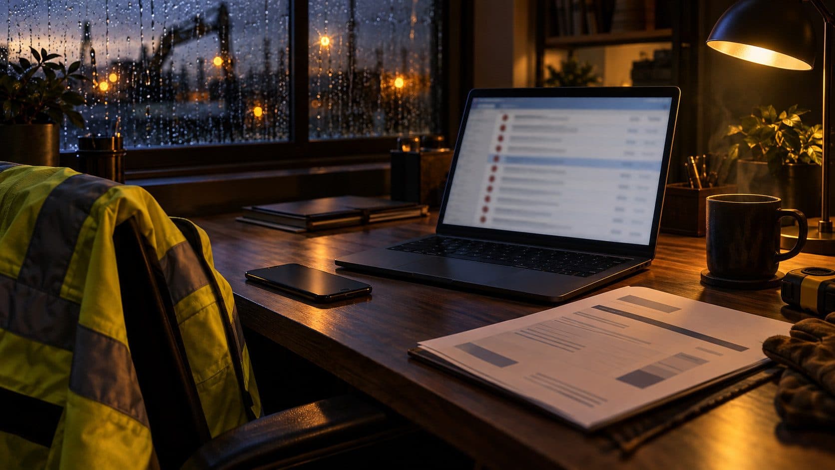 A contractor's desk at night with a laptop showing a long list of email alerts, a printed invoice, a phone and a hi-vis jacket over the chair