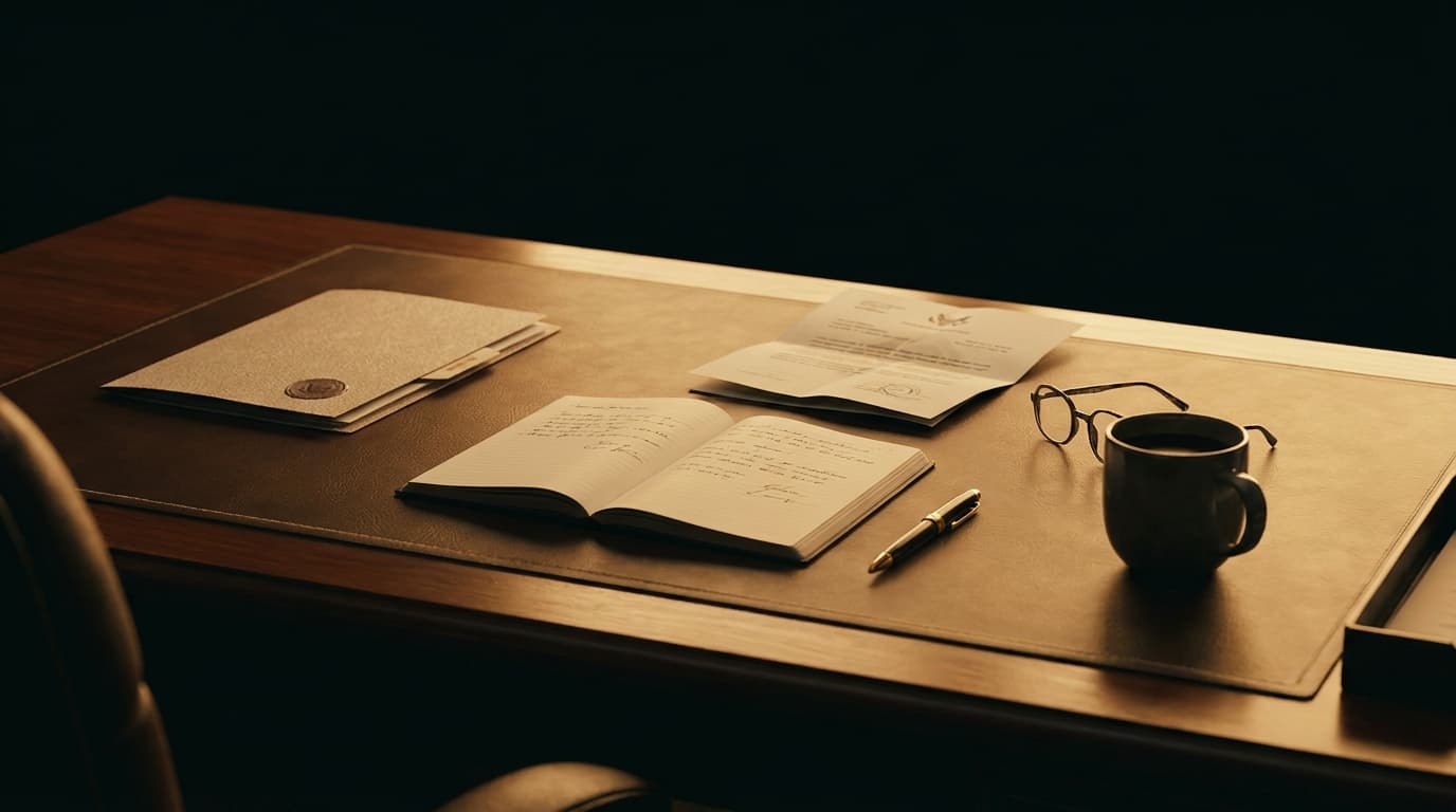 A desk with a contractor licence application, an insurance policy document, and a notebook open to a list of subcontractor names
