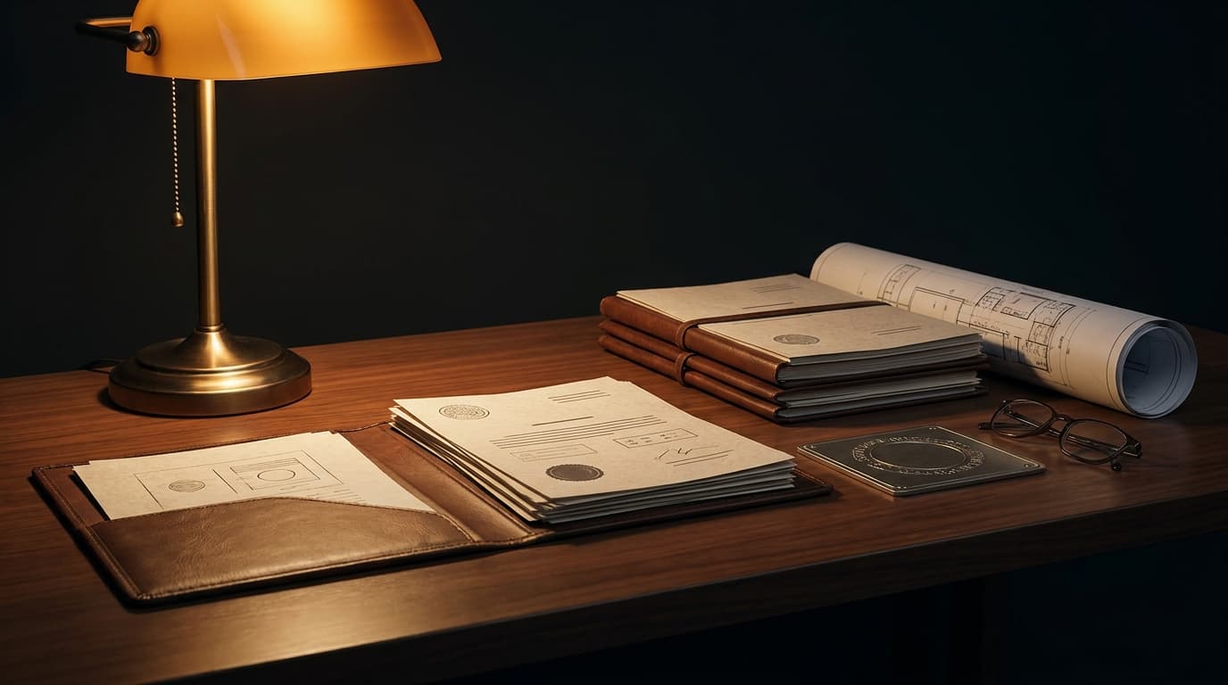 A folder of general liability insurance certificates and subcontractor agreements spread open on a desk beside a construction project blueprint