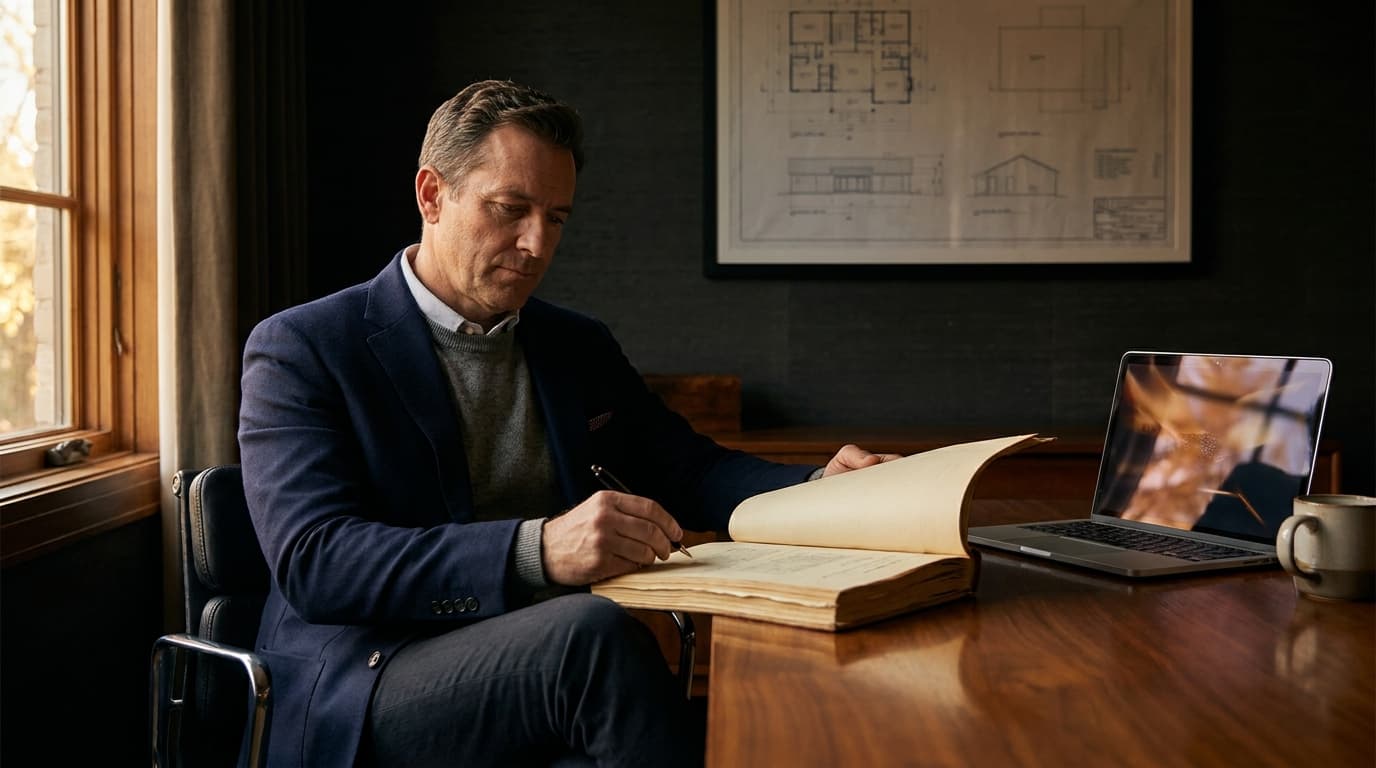 A contractor in business attire reviewing contract documents at a desk, with a subcontractor in work clothes in the background on a construction site visible through the window.
