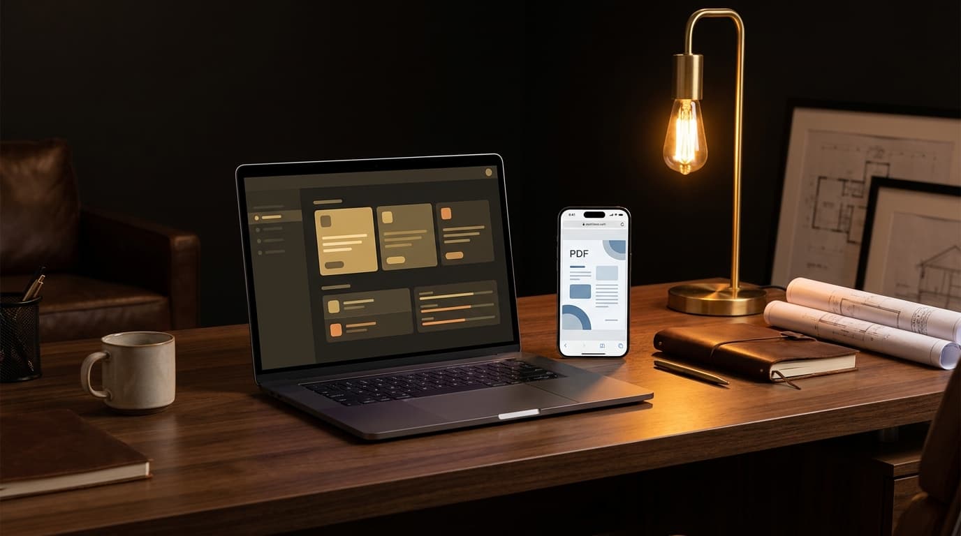 A laptop and smartphone side by side on a wooden desk showing a job management dashboard and a quoting tool open on screen.