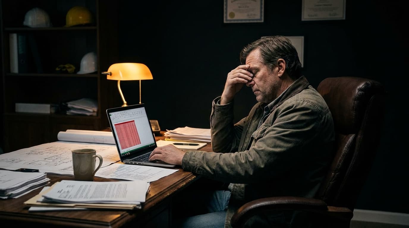 A construction business owner at a desk at night looking at a cash flow spreadsheet in the red on a laptop, surrounded by unpaid invoices